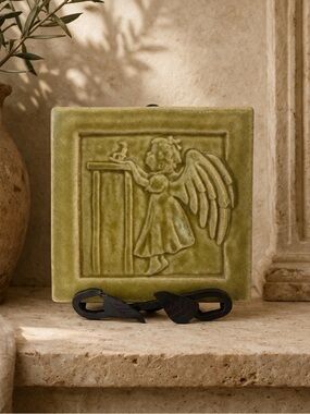 Pewabic Pottery Little Angel Girl 2005 Stoneware Tile Olive Green Detroit RARE